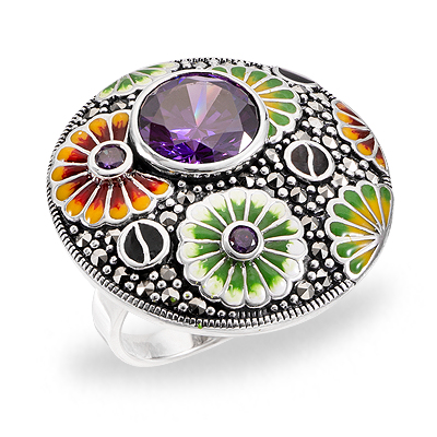Colorful Flower Garden Enamel & Stone Ring