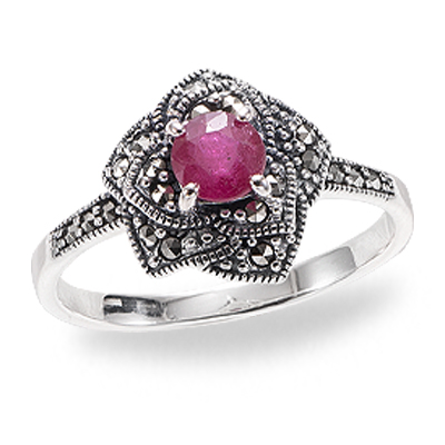 Ruby Center and Antique Marcasite Flower Design Ring
