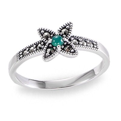 Petite Green Agate Floral with Marcasite Ring