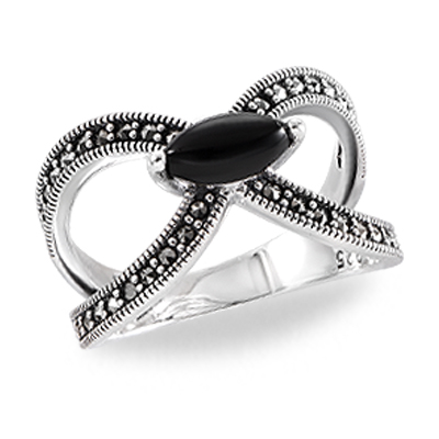 Sterling Silver Infinity Bow Ring with Marcasite & Onyx