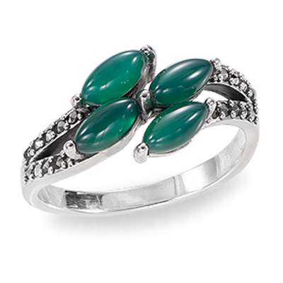 Floral Marquise Green Agate Ring with Marcasite