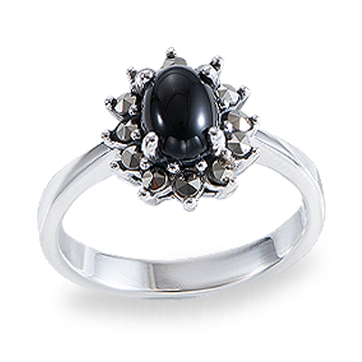 Floral-Inspired Onyx and Marcasite Statement Ring