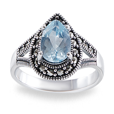 Sterling Silver Marcasite Ring with Blue Topaz