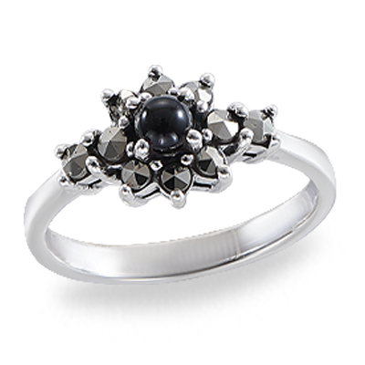 Sterling Silver Floral Marcasite Ring with Onyx