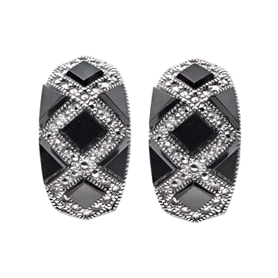 Classic Black Onyx Marcasite Silver Earring