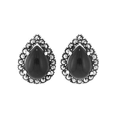 Black Onyx Teardrop Marcasite Stud Earring