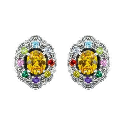 Multi-Color Gemstone Marcasite Stud Earring