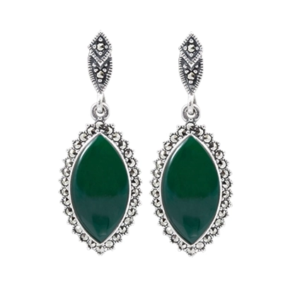 Green Agate Marquise Marcasite Drop Earring