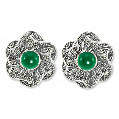 Green Agate & Marcasite Floral Stud Earring
