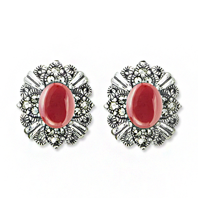 Red Agate Marcasite Floral Stud Earring