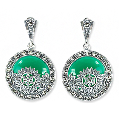 Green Agate Round Marcasite Drop Earring