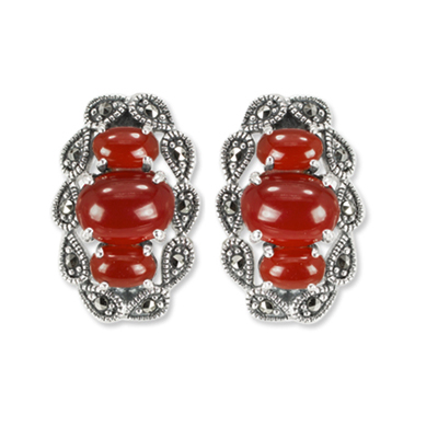 Red Agate Cabochon Marcasite Stud Earring