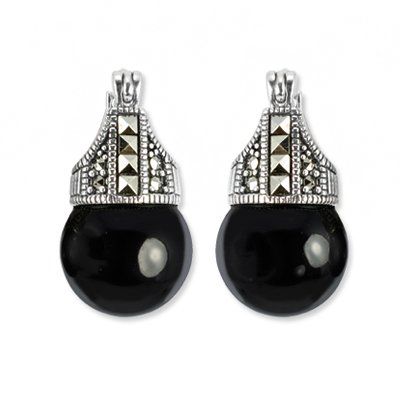 Black Onyx Ball Marcasite Drop Earring
