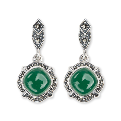 Green Agate Cushion Marcasite Drop Earring