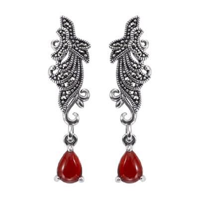 Red Agate Teardrop Marcasite Leaf Drop Earring