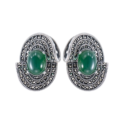Green Agate Oval Marcasite Swirl Stud Earring
