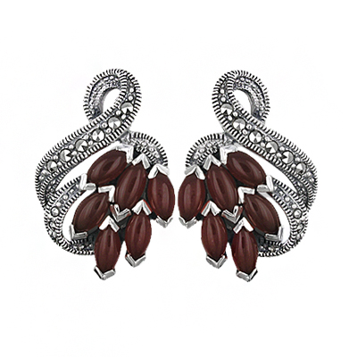 Marquise Red Agate Marcasite Vintage Earring