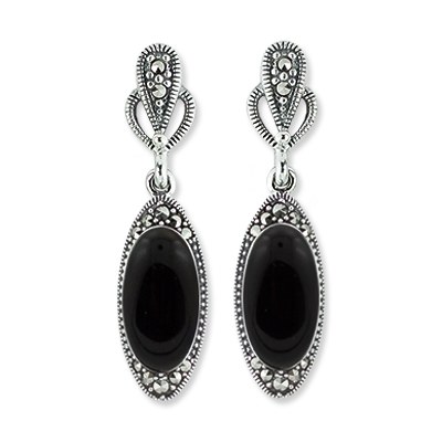 Black Onyx Oval Marcasite Dangle Earring