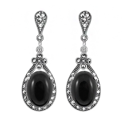 Elegant Black Onyx Marcasite Drop Earring