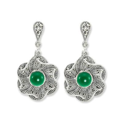 Vintage Floral Green Agate Marcasite Earring