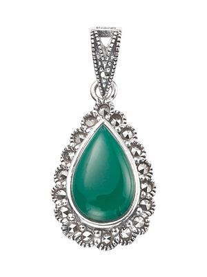 Green Agate Teardrop Marcasite Pendant