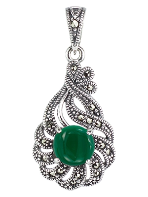 Vintage Green Agate Peacock Marcasite Pendant