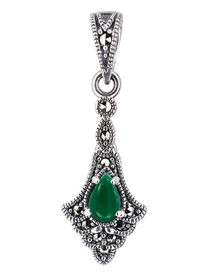 Green Agate Teardrop Marcasite Pendant