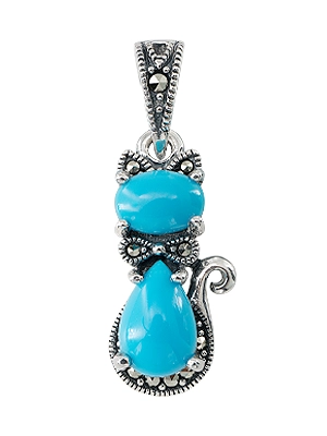 Cute Cat Turquoise Marcasite Pendant