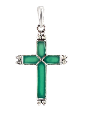Green Agate Cross Silver Pendant with Marcasite