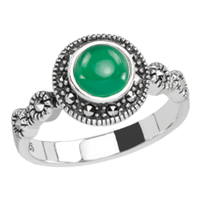 Round Green Agate Marcasite Ring
