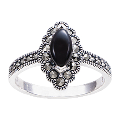 Marquise Black Onyx Marcasite Ring