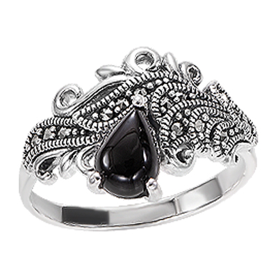 Elegant Black Onyx Teardrop Marcasite Ring