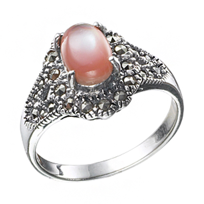 Pink Pearl Oval Marcasite Halo Ring