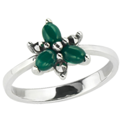 Green Agate Floral Marcasite Ring