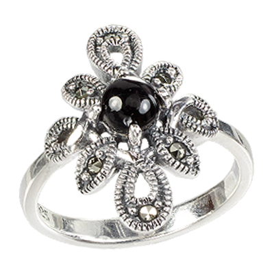 Floral Black Onyx Marcasite Silver Ring