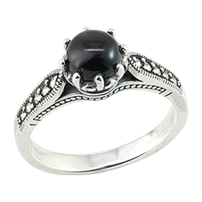 Round Black Onyx Marcasite Silver Ring