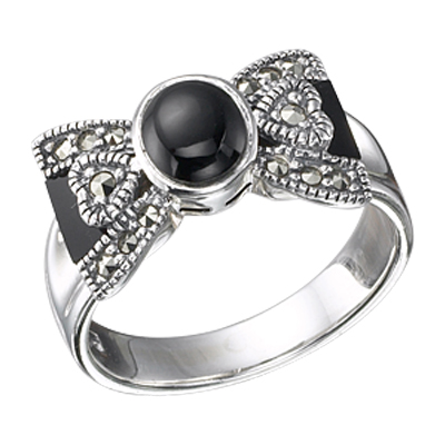 Black Onyx Bow Marcasite Silver Ring